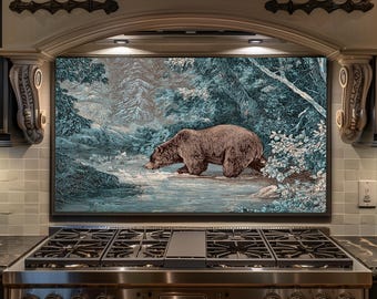 Bear Forest Backsplash - Vintage Wildlife Glass Splashback, Rustic Kitchen Stove Backsplash Panel, Cabin Nature Decor