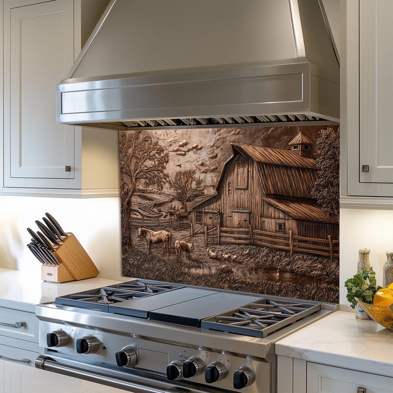 Farmyard Splashback Vintage Barn Farm Backsplash - Rustic Copper Landscape Glass Splashback ...