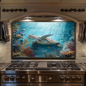 May include: A large, framed artwork depicting a sea turtle swimming in a vibrant coral reef. The artwork features a detailed underwater scene with colorful coral, fish, and sunlight filtering through the water. The turtle has a detailed shell with shades of green, brown, and yellow.