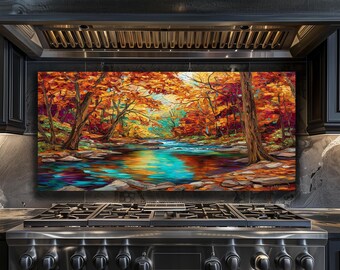 Autumn Forest River Backsplash - Fall Landscape Glass Splashback, Colorful Kitchen Stove Backsplash Panel, Nature Art Decor