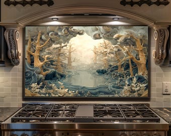 Neutral Forest Tempered Glass Kitchen Backsplash – Beige Blue Elegant Stove Guard