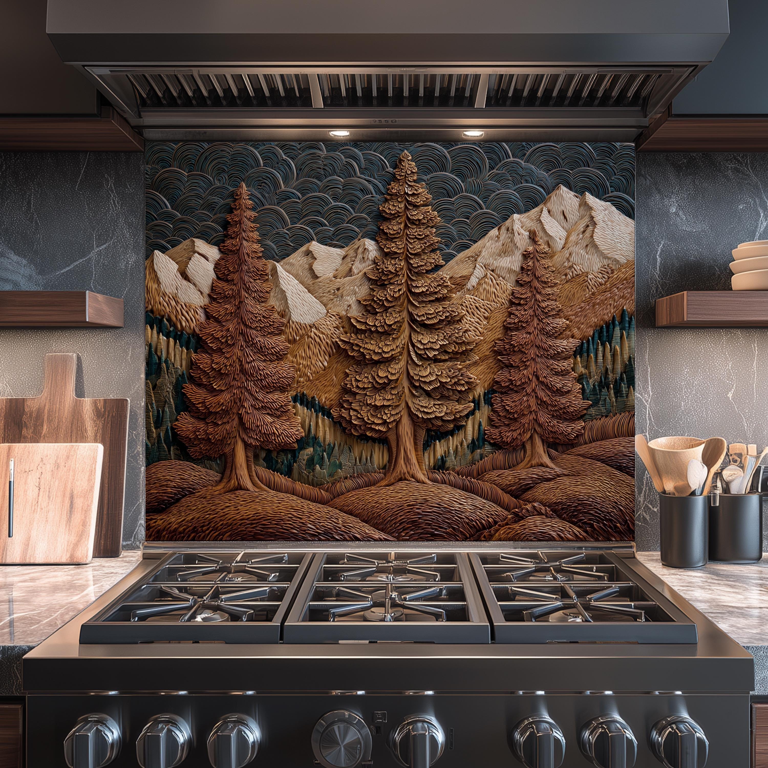 Dosseret en verre forêt de pin rustique : décoration de cuisine Mountain Lodge