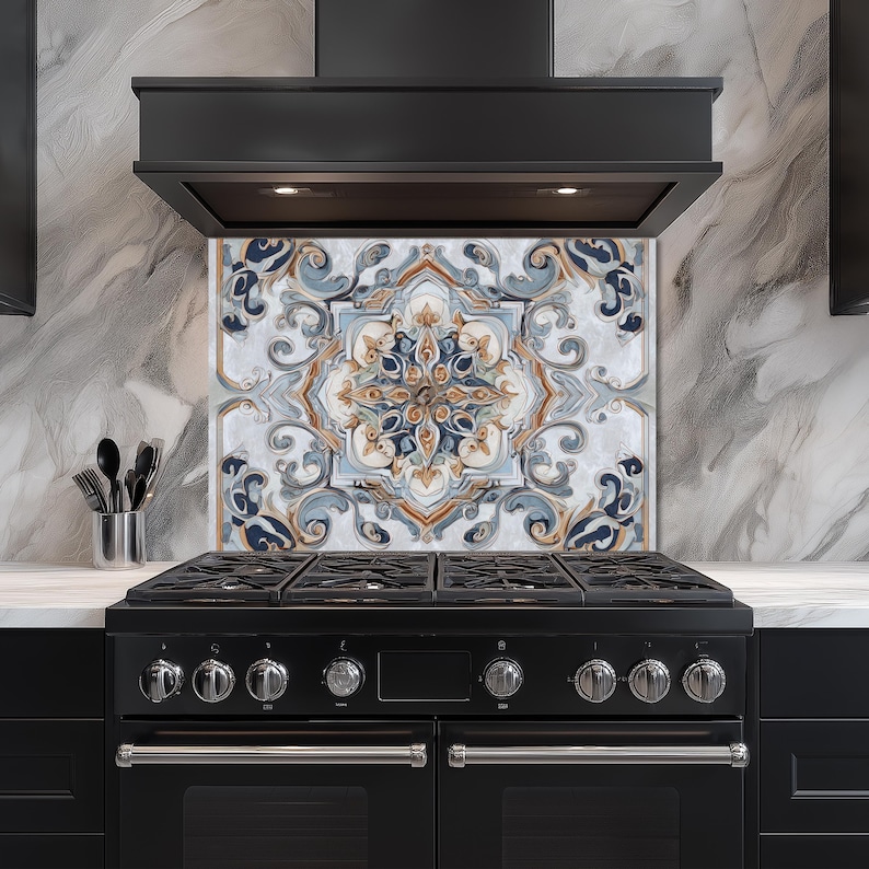 Coastal style kitchen decor with heat resistant glass splashback behind gas cooker.