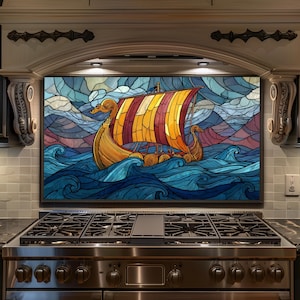 Viking Ship Ocean Stained Glass Backsplash – Kitchen Splashback Panel, Tempered Glass Stove Wall Art Decor