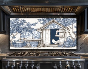 Blue Farmhouse Chicken Coop Backsplash - Vintage Country Glass Splashback, Rustic Kitchen Stove Backsplash Panel Decor