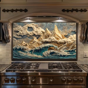 Ozeanwelle Berg Backsplash, Impasto Textur Glaswand, Abstrakte Natur Decor, Benutzerdefinierte Größe