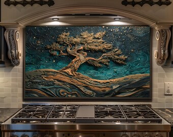 Tree of Life Kitchen Backsplash Tempered Glass Copper Relief Nature Stove Splashback Decor