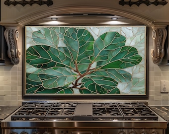 Green Leaf Stained Glass Backsplash - Botanical Glass Splashback, Kitchen Stove Backsplash Panel, Modern Nature Decor