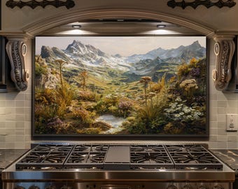 Alpine Meadow Tempered Glass Kitchen Backsplash – Mountain Valley Landscape Stove Splashback