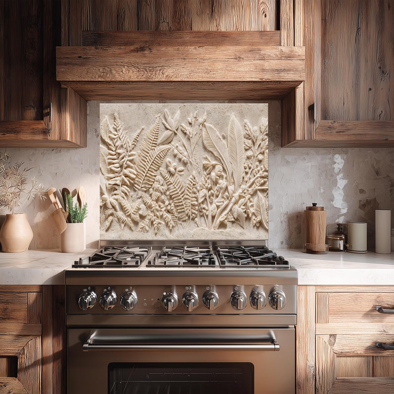 Leaf Pattern Splashback Botanical Relief Backsplash – Tropical Leaf Glass Backsplash for ...