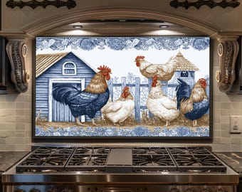Rooster Farmhouse Backsplash - Blue White Chicken Glass Splashback, Rustic Kitchen Stove Backsplash Panel Country Decor