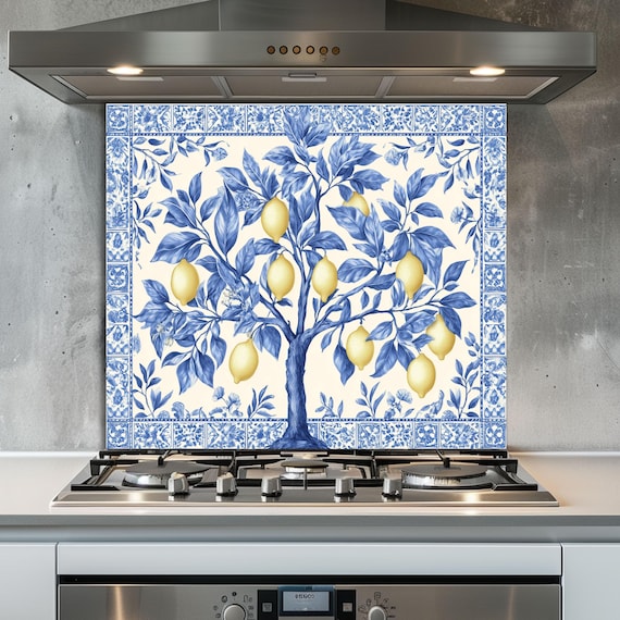 Lemon Tree Kitchen Backsplash, Mediterranean Blue Tile Stove Guard, Tempered Glass Wall Panel