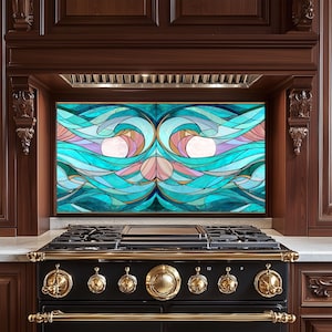 Ocean Waves Stained Glass Backsplash - Coastal Beach Kitchen Splashback Panel - Tempered Glass Stove Backsplash Decor