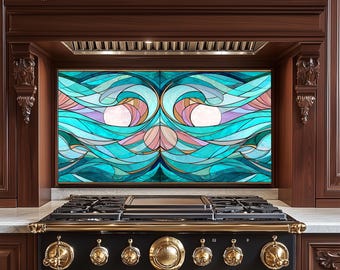 Ocean Waves Stained Glass Tempered Glass Kitchen Backsplash – Coastal Decor