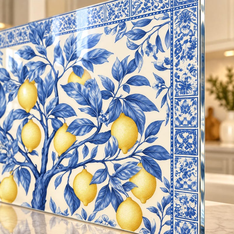 Blue lemon tree tempered glass panel with information about its 4 mm thickness, heat resistance, easy cleaning, and cooktop compatibility.