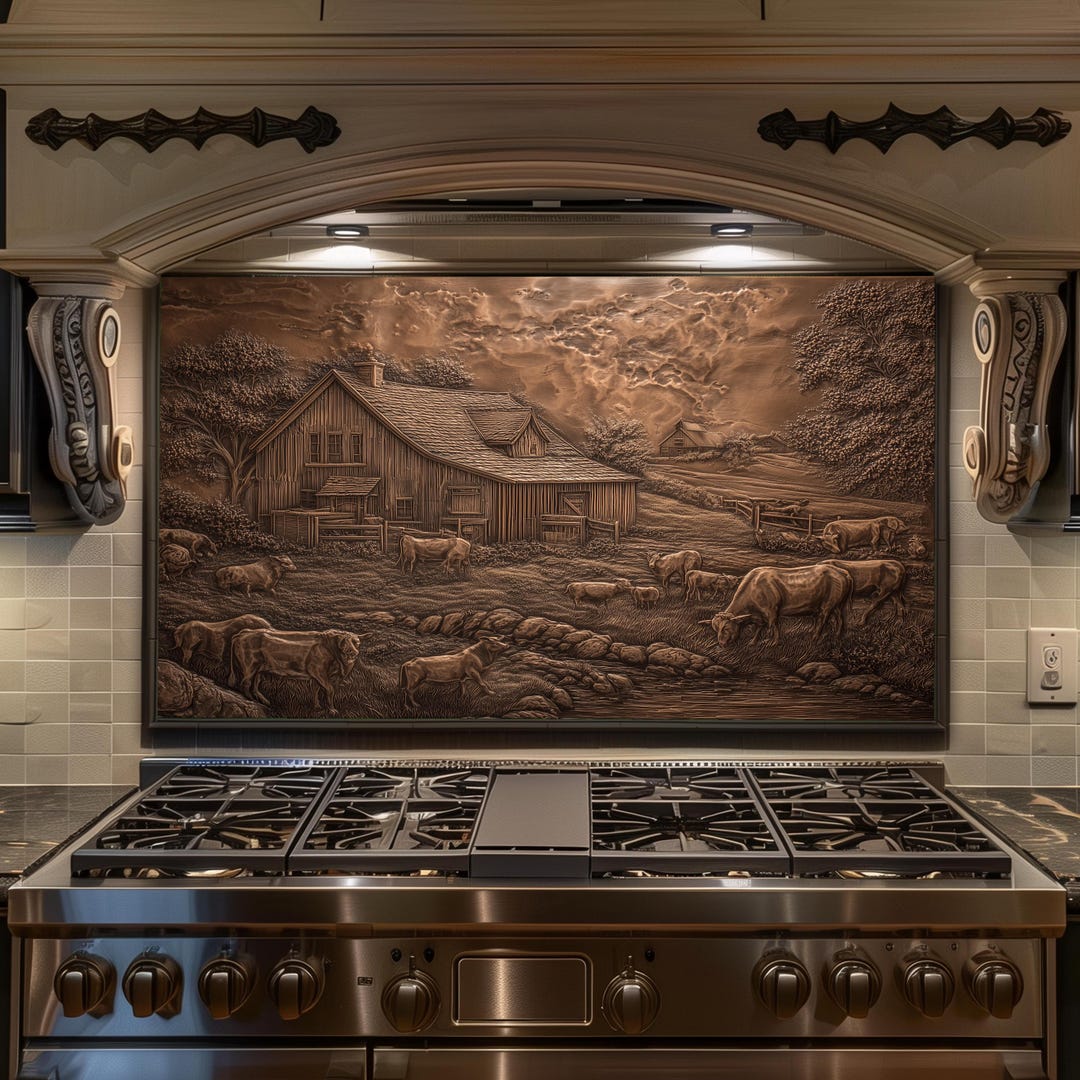 Farmyard Splashback Rustic Farm Cow Barn Backsplash - Vintage Copper Glass Splashback ...