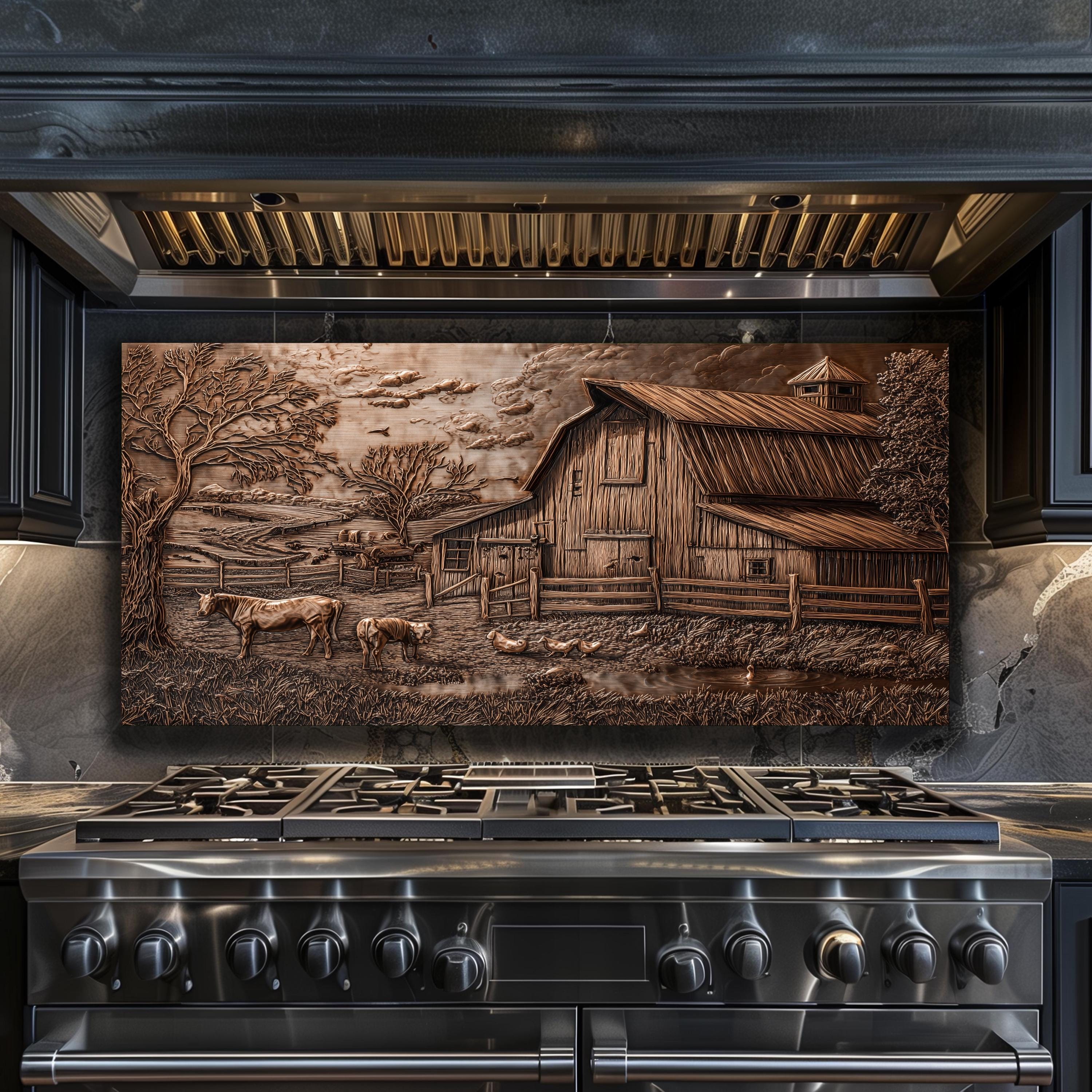 Farmyard Splashback Vintage Barn Farm Backsplash - Rustic Copper Landscape Glass Splashback ...