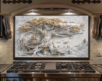 Tree of Life Marble Kingdom Tempered Glass Backsplash, Fantasy Golden Tree Kitchen Stove Splashback