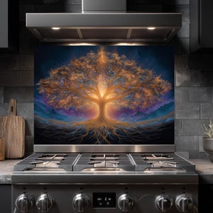 May include: A kitchen splashback with a colourful illustration of a tree with golden leaves and roots. The artwork has a bright, glowing centre against a dark blue and purple background, creating a striking visual.