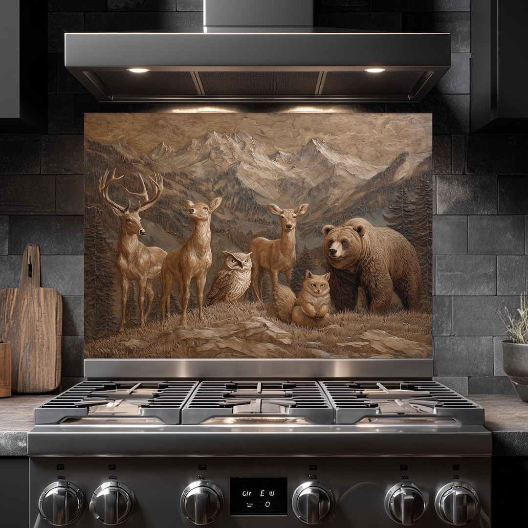 Rustic Wildlife Backsplash - Mountain Animals Tempered Glass Kitchen ...