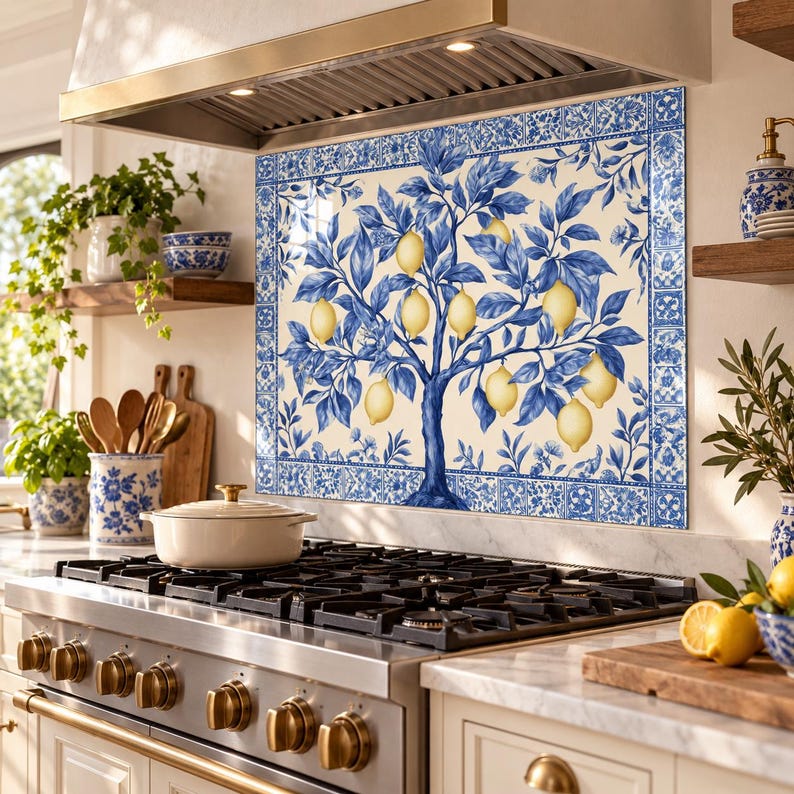 Left-angle view of the lemon tree backsplash above a stove with blue lower cabinets and cream upper cabinets.