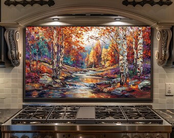 Autumn Birch Forest Backsplash - Fall River Glass Splashback, Colorful Kitchen Stove Backsplash Panel, Nature Wall Decor