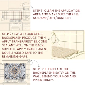 K&ouml;nnte beinhalten: Illustrierte Schritte zur Installation einer Glas-R&uuml;ckwand. Schritt 1: Reinigen Sie den Anwendungsbereich. Schritt 2: Dichtmittel und Klebeband auftragen. Schritt 3: Die R&uuml;ckwand an der Wand anbringen. Die R&uuml;ckwand hat ein dekoratives blaues und goldenes Muster.