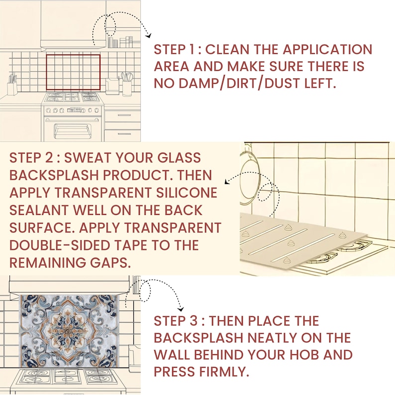 K&ouml;nnte beinhalten: Illustrierte Schritte zur Installation einer Glas-R&uuml;ckwand. Schritt 1: Reinigen Sie den Anwendungsbereich. Schritt 2: Dichtmittel und Klebeband auftragen. Schritt 3: Die R&uuml;ckwand an der Wand anbringen. Die R&uuml;ckwand hat ein dekoratives blaues und goldenes Muster.