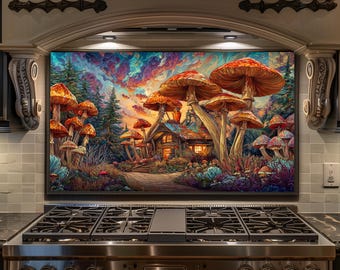 Fantasy Mushroom Forest Backsplash - Psychedelic Glass Splashback, Cottagecore Kitchen Backsplash, Stove Wall Panel Decor