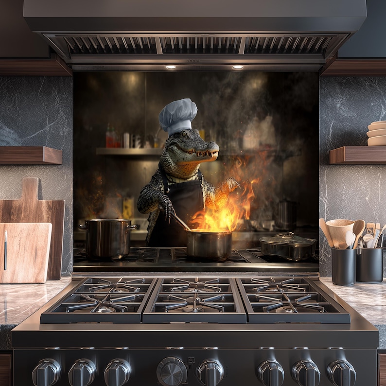Cook Splashback Crocodile Chef Kitchen Backsplash - Funny Cooking Glass Backsplash ...