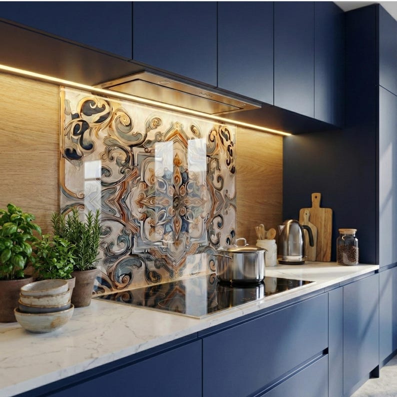 Gehärtetes Glas Backsplash, mediterrane Blaue Fliesenkunst, Faux Keramik Herd Splashback, portugiesischer Azulejo, kein Fugenmörtel Küchenpanel Bild 4