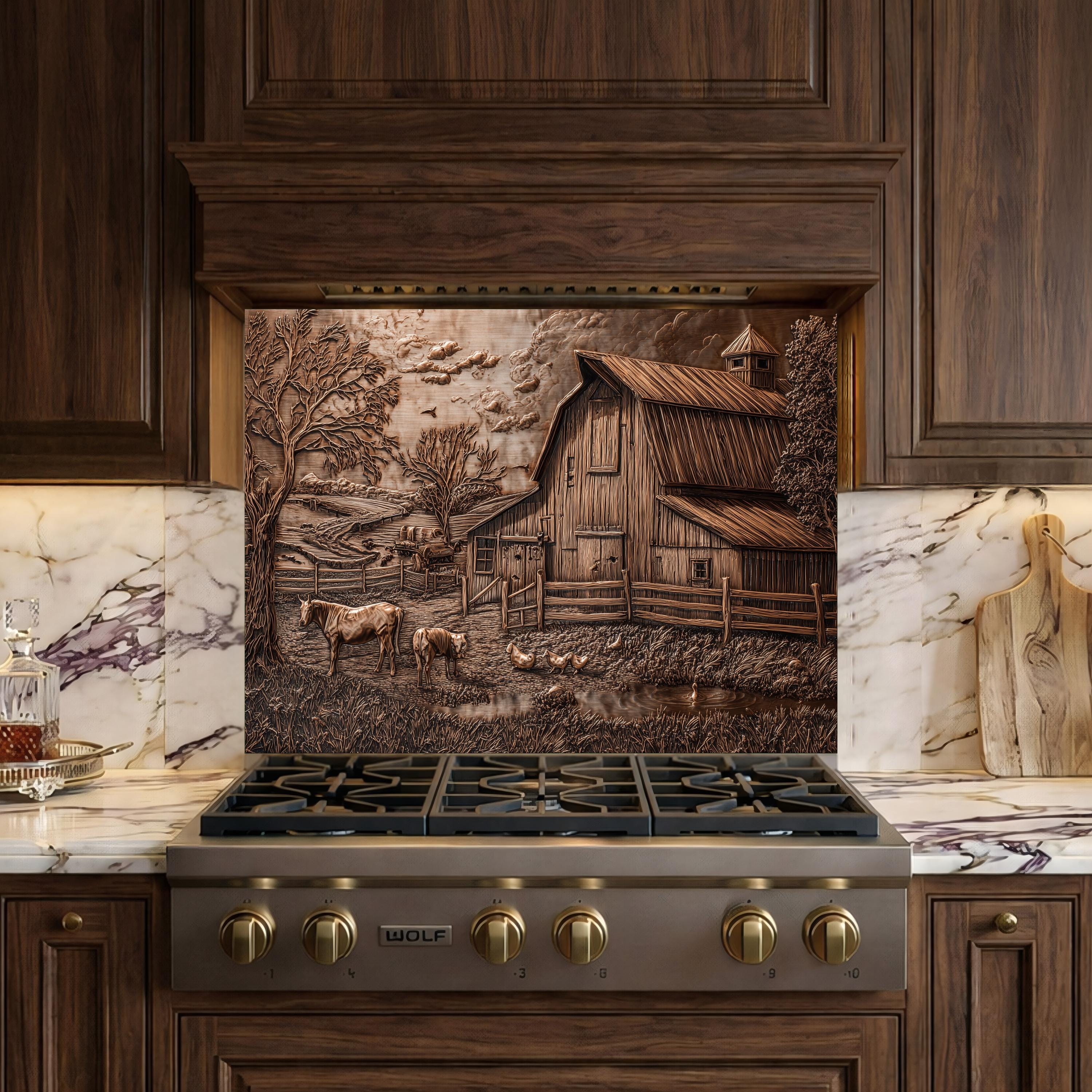 Farmyard Splashback Vintage Barn Farm Backsplash - Rustic Copper Landscape Glass Splashback ...