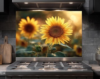 Sunflower Field Tempered Glass Backsplash – Heat Resistant Kitchen Wall Art