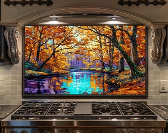 Autumn Lake Reflection Backsplash - Fall Forest Glass Splashback, Colorful Kitchen Stove Backsplash Panel Nature Decor