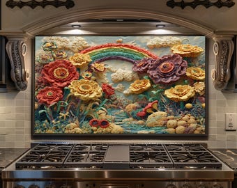 Rainbow Flower Garden Tempered Glass Backsplash, Colorful Floral Kitchen Stove Splashback Wall Art