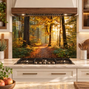 Küchenrückwand „Herbstwald“, Küchenrückwand „Goldener Wald“, Herdplatte aus Sicherheitsglas, Küchendekoration „Natur“