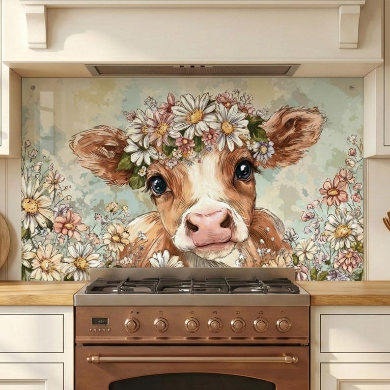 Farmhouse Cow Glass Backsplash, Floral Cottagecore Art | Cute Calf ...