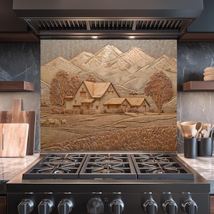 Rustic Farmhouse Backsplash - Countryside Glass Kitchen Splashback Panel, Tempered Glass Stove Wall Protector with Barn Scene