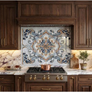 Tempered Glass Backsplash, Mediterranean Blue Tile Art, Faux Ceramic Stove Splashback, Portuguese Azulejo, No Grout Kitchen Panel