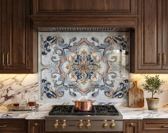 Tempered Glass Backsplash, Mediterranean Blue Tile Art, Faux Ceramic Stove Splashback, Portuguese Azulejo, No Grout Kitchen Panel