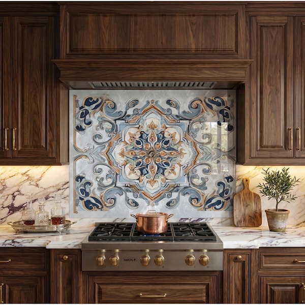 Paraschizzi in vetro temperato, piastrelle blu mediterranee, paraschizzi per stufa in finta ceramica, azulejo portoghesi, pannello da cucina senza stucco