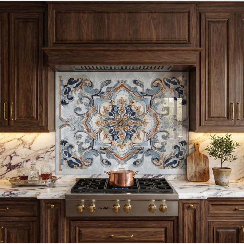 Gehärtetes Glas Backsplash, mediterrane Blaue Fliesenkunst, Faux Keramik Herd Splashback, portugiesischer Azulejo, kein Fugenmörtel Küchenpanel Bild 1