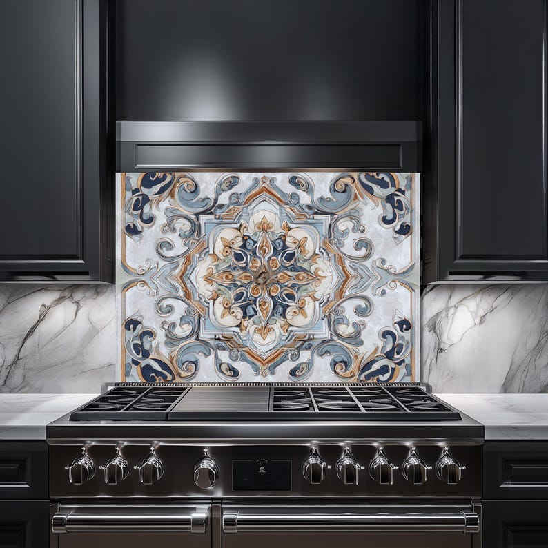 Mediterranean blue and white tile pattern tempered glass backsplash, Portuguese Azulejo kitchen stove guard.