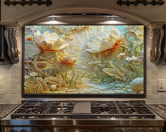 Golden Floral Tempered Glass Kitchen Backsplash – Elegant Cream & Amber Flower Stove Splashback
