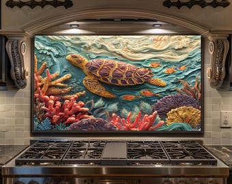Sea Turtle Kitchen Backsplash Tempered Glass Ocean Coral Reef Stove Splashback Decor