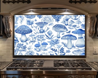 Blue Mushroom Pattern Backsplash - Botanical Glass Splashback, Cottagecore Kitchen Backsplash Panel, Stove Wall Decor