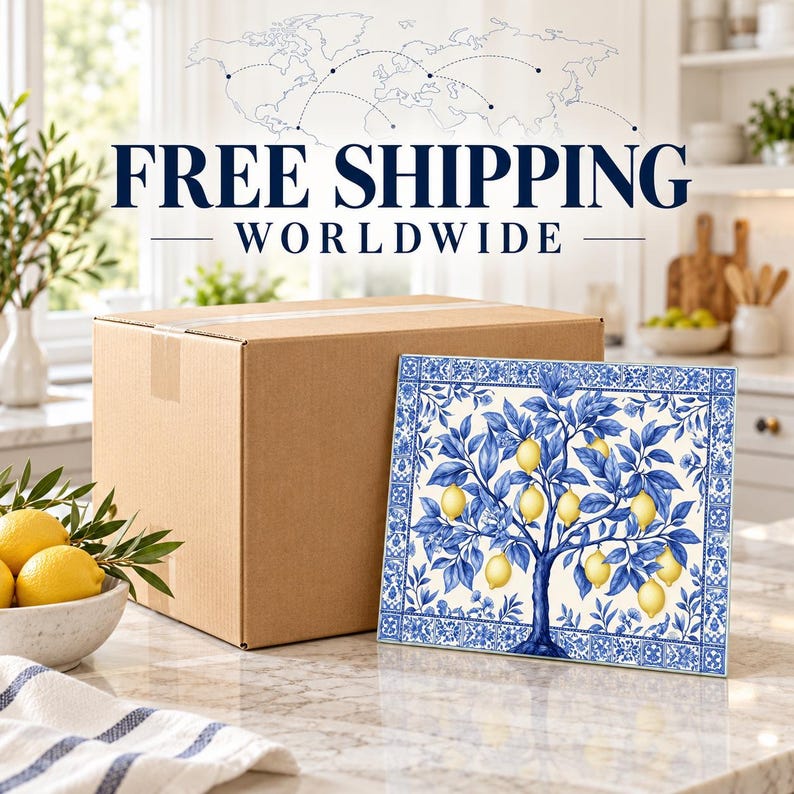 Packaged glass backsplash beside a sample of the blue lemon tree design with a Free Shipping Worldwide message.