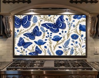 Blue Butterfly Floral Backsplash - Botanical Glass Splashback, Kitchen Stove Backsplash Panel, Cottagecore Nature Decor