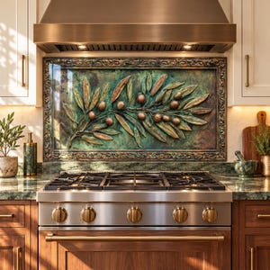 Antique Bronze Olive Branch Copper Embossed 3D Visual Effect Tempered Glass Kitchen Backsplash