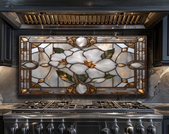 Art Deco Floral Glass Backsplash - White Flower Splashback, Luxury Kitchen Backsplash Panel, Stove Backsplash Decor